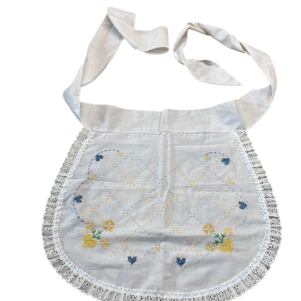 Vintage Hand Embroidered Lace Trim Milkmaid Waist Apron